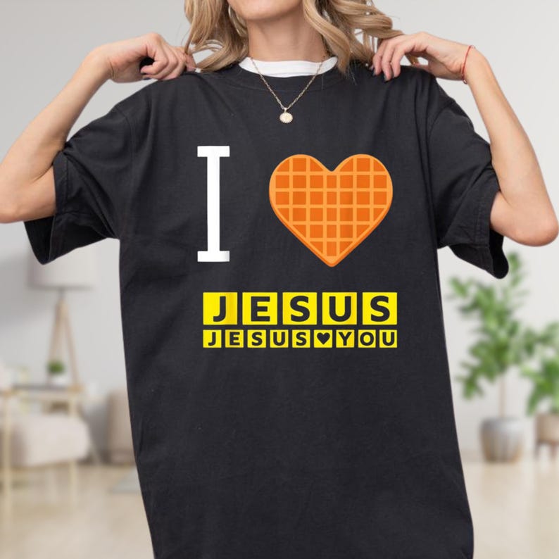 I Love Jesus Waffle Heart Funny Christian Breakfast T-Shirt, Vintage Christian Tee for Men Women, Retro Faith Graphic Tee, Religious Gift image 1