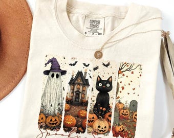 Comfort Colors® Vintage Halloween Shirt, Spooky Season T-Shirt, Ghost Pumpkin Cat Shirt, Halloween Gift, Fall Shirt, Spooky Shirt