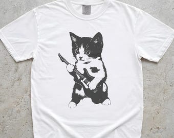 Rock and Roll Cat T-Shirt, Electric Guitar Tee, Music Lover Gift