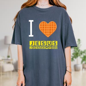 I Love Jesus Waffle Heart Funny Christian Breakfast T-Shirt, Vintage Christian Tee for Men Women, Retro Faith Graphic Tee, Religious Gift image 2
