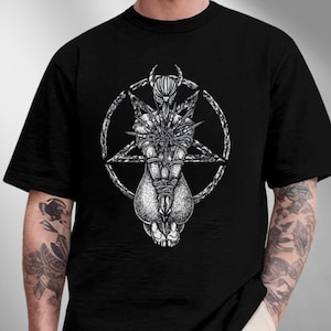 Goat Skull Pentagram Occult Tshirt, Satanic Devil with Skull Occult 666 Pentagram Baphomet Shirt, satanism shirt, satanist shirt, dark tee