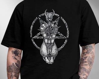 Goat Skull Pentagram Occult Tshirt, Satanic Devil with Skull Occult 666 Pentagram Baphomet Shirt, satanism shirt, satanist shirt, dark tee