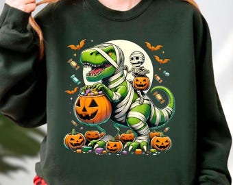 Mummy T-Rex Pumpkin Candy Dinosaur Shirt, Spooky Halloween Hoodie, Funny Dinosaur Sweatshirt, Halloween Party Tee, Kids Costume