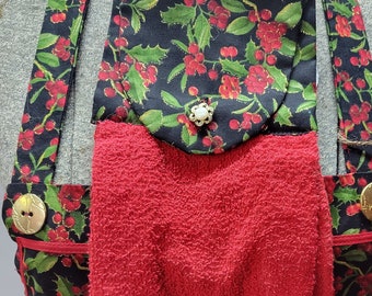 Handmade holiday apron with pockets and matching kitchen towel glittery holly print