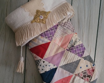 Shabby Chic stocking made from vintage quilt with vintage trims and buttons FREE SHIPPING