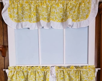 Cheerful ruffled yellow kitchen curtains with valance retro floral print FREE SHIPPING