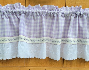 Lavender gingham ruffled valance with vintage trim FREE SHIPPING