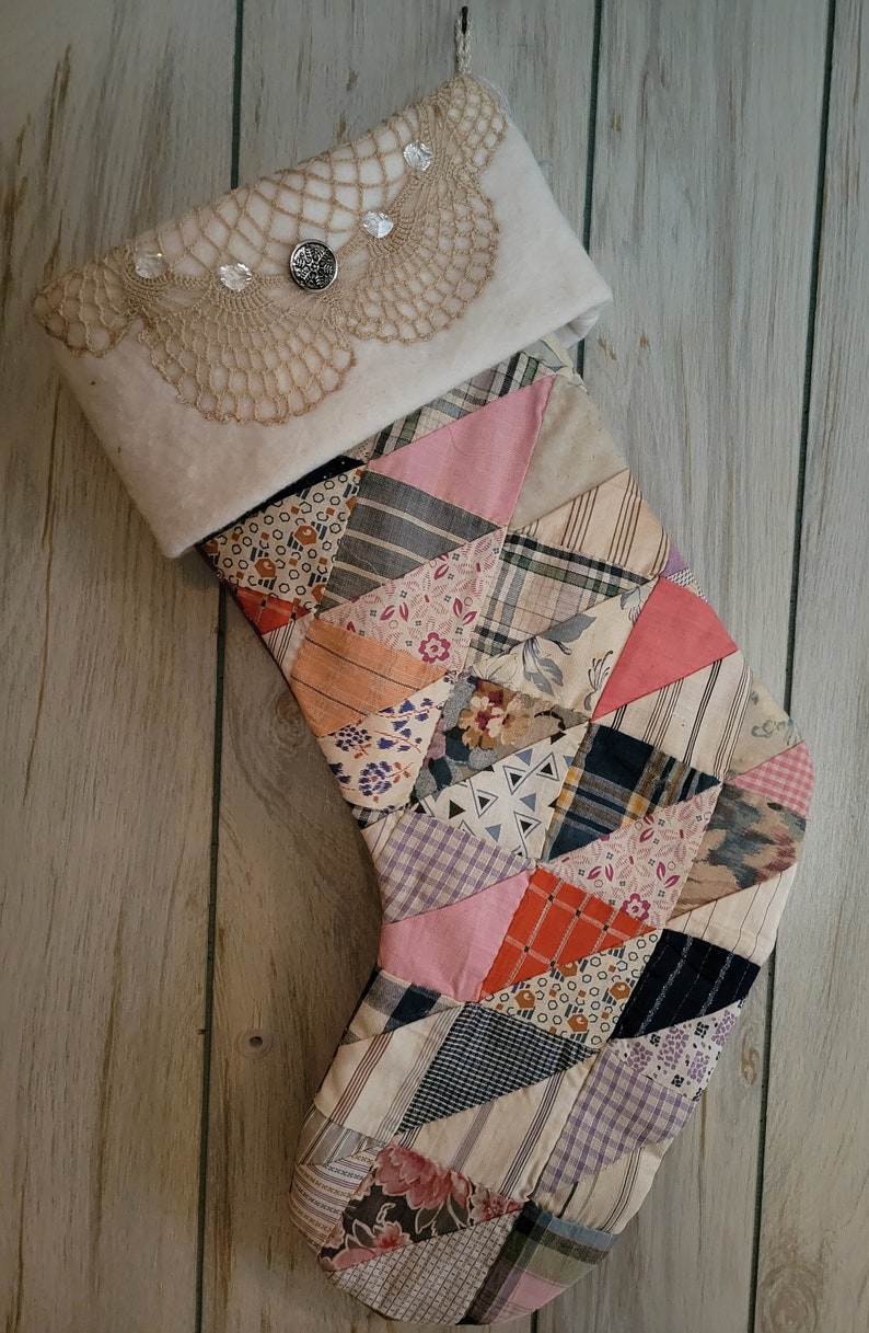 Shabby Chic stocking made from vintage quilt with vintage trims and buttons FREE SHIPPING image 5