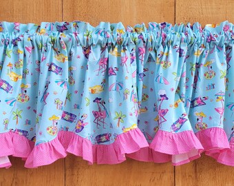 Extra wide flamingo print valance with pink ruffle...FREE SHIPPING!