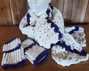 White and purple chenille crocheted scarf and fingerless mitt set FREE SHIPPING