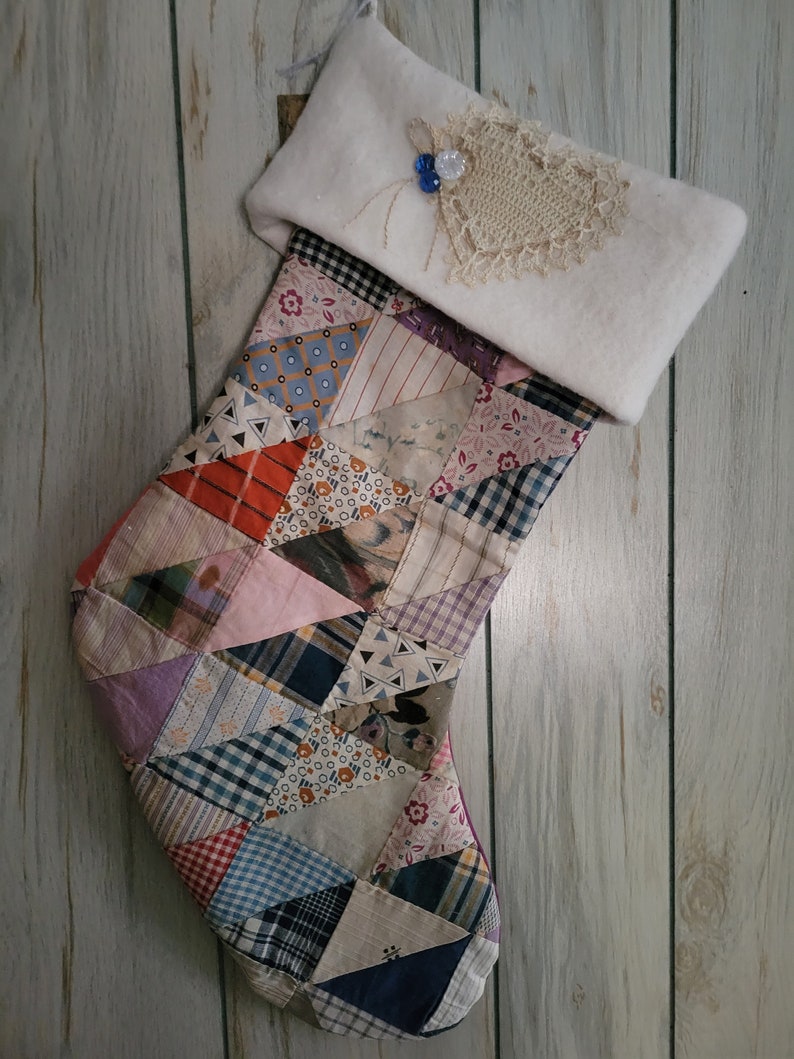 Shabby Chic stocking made from vintage quilt with vintage trims and buttons FREE SHIPPING image 4