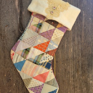 Shabby Chic stocking made from vintage quilt with vintage trims and buttons FREE SHIPPING image 2