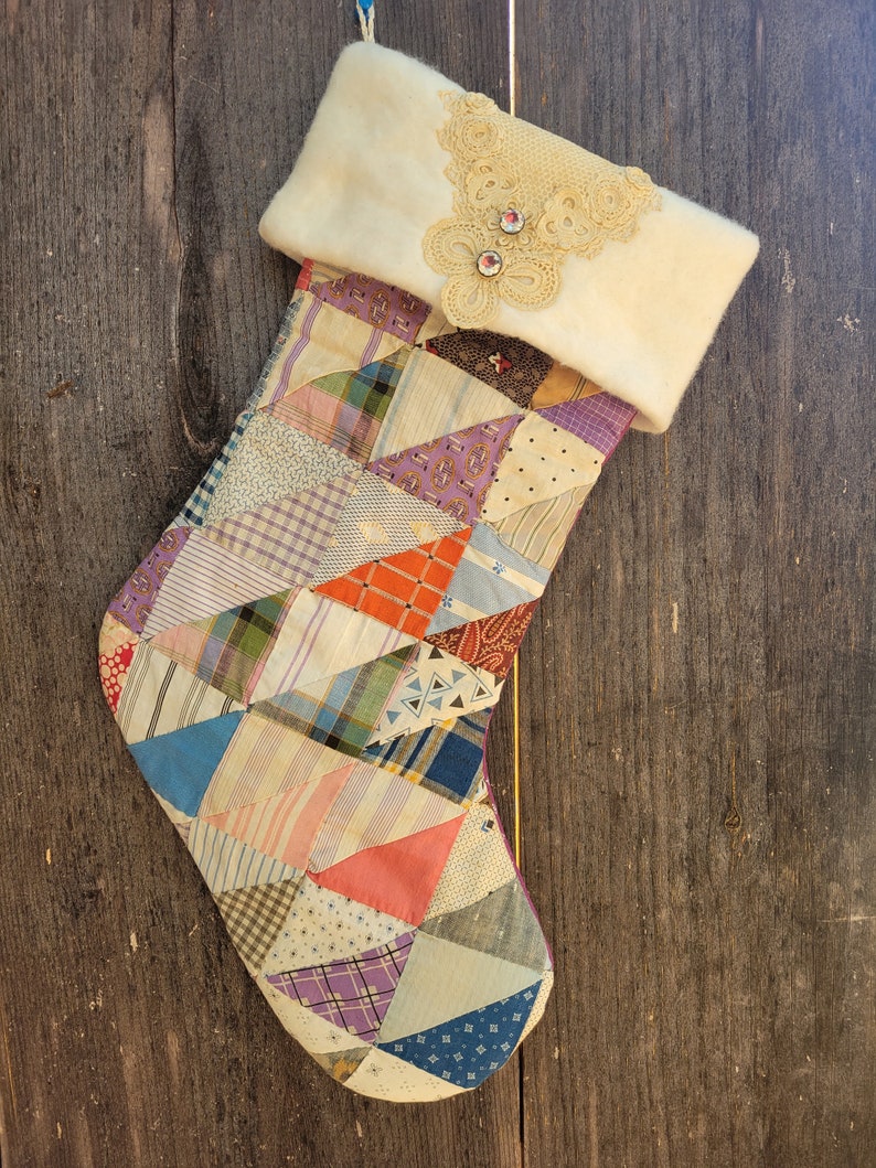 Shabby Chic stocking made from vintage quilt with vintage trims and buttons FREE SHIPPING image 2