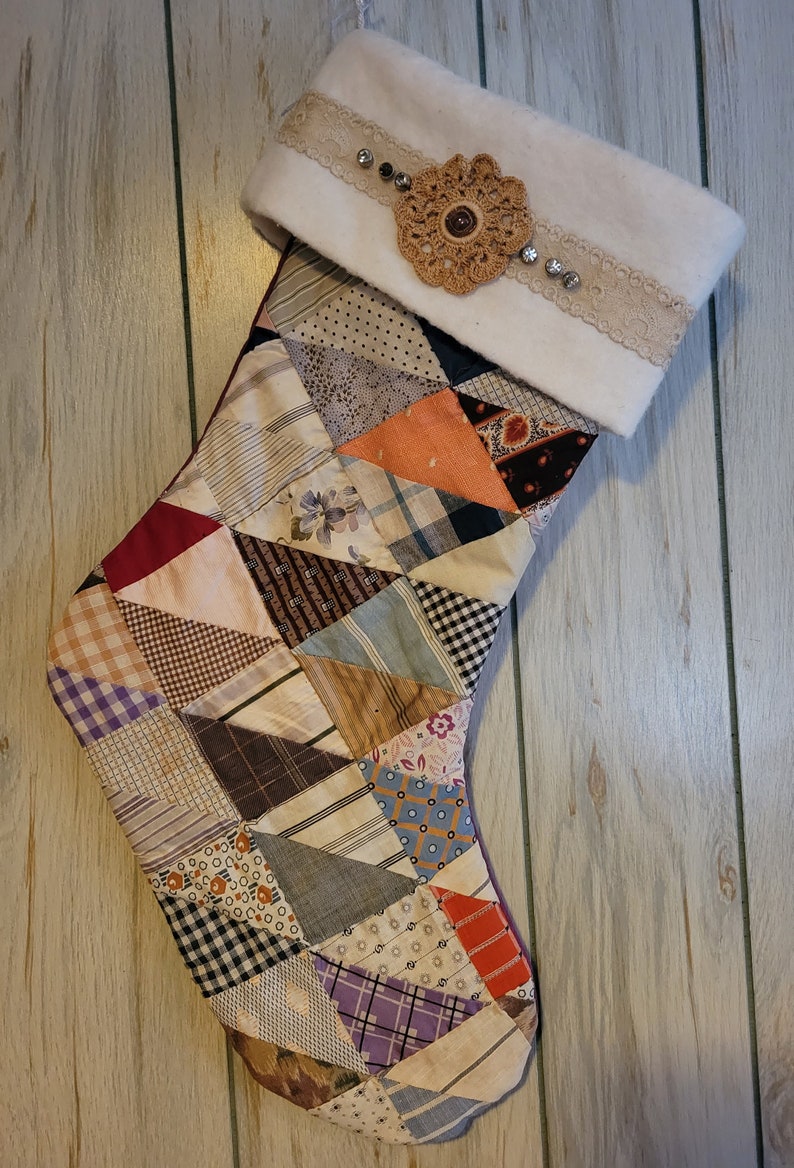 Shabby Chic stocking made from vintage quilt with vintage trims and buttons FREE SHIPPING image 8