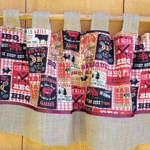 Rustic barbecue BBQ print tab valance with burlap FREE SHIPPING