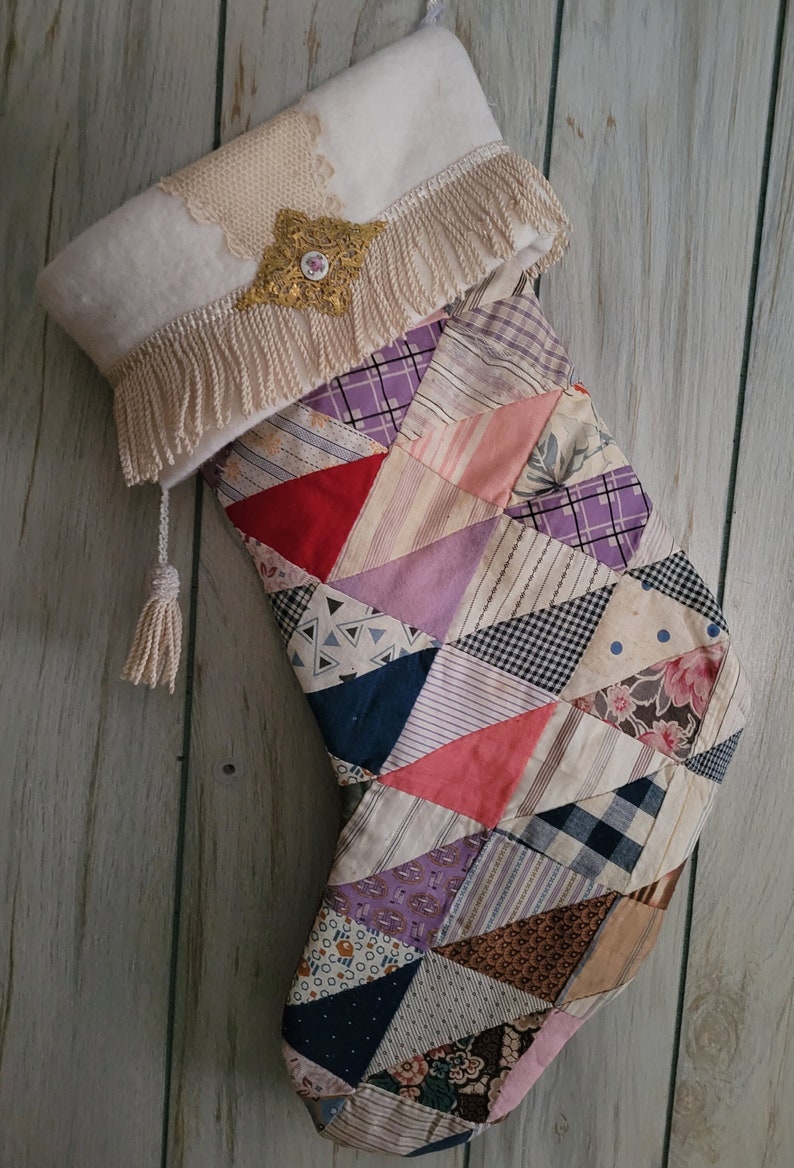 Shabby Chic stocking made from vintage quilt with vintage trims and buttons FREE SHIPPING image 1