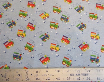 Choo Choo Train Flannel Fabric - BTY - Blue Red Green Yellow Trains & Stars