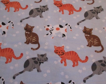 Tabby Cats on Blue Snuggle Cotton Flannel Fabric BTY Kittens and Hearts