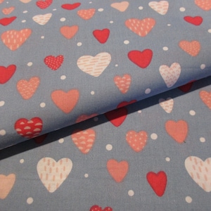 Pink Hearts on Dusty Blue Quilter&#39;s Showcase Cotton Fabric BTY