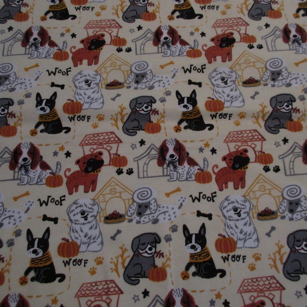 Fall Pups Super Snuggle Flannel Fabric - BTY - Dog House Bones Paw Prints Pumpkins