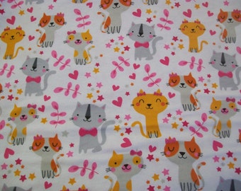 Pretty Kitty with Hearts - Snuggle Cotton Flannel Fabric BTY - Pink Orange Grey