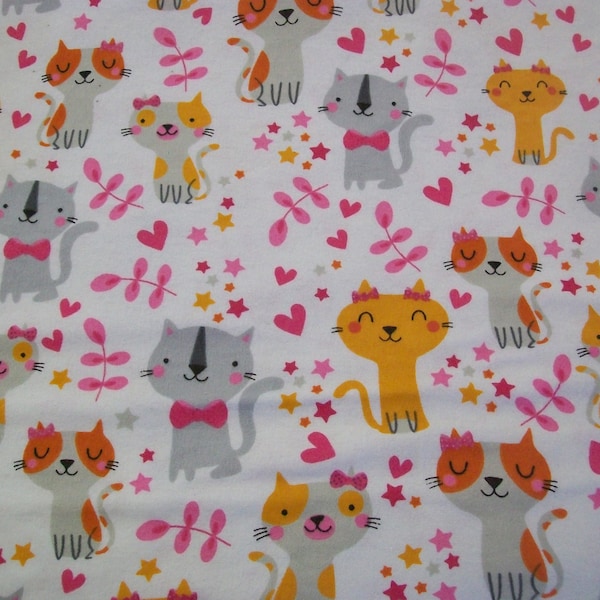 Pretty Kitty with Hearts - Snuggle Cotton Flannel Fabric BTY - Pink Orange Grey