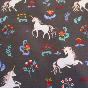 Folk Unicorn Super Snuggle Flannel Fabric - BTY - Unicorns and Flowers Gray