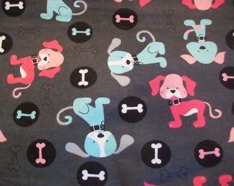 Curious Pup Snuggle Cotton Flannel Fabric - Pink & Blue Puppy Dogs on Gray