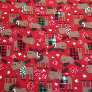 Christmas Moose in Sweater Super Snuggle Cotton Flannel Fabric BTY Red Holiday Snowflakes
