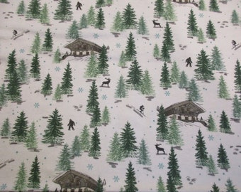 Scenic Ski Slope Super Snuggle Flannel Fabric - BTY - Winter Skiing Lodge Green