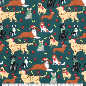 Festive Pups Super Snuggle Cotton Flannel Fabric BTY Green Christmas Dogs