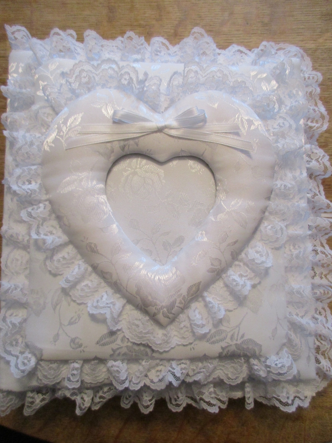 Wedding / Anniversary HEART PHOTO FRAME White Brocade Fabric Photo Album / Scrapbook - Magnetic 8 x 10 1/2