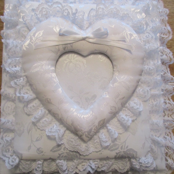 Wedding / Anniversary HEART PHOTO FRAME White Brocade Fabric Photo Album / Scrapbook