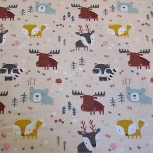 Woodland Animals Super Snuggle Flannel Fabric - BTY - Deer Moose Fox Bear on a Light Beige Background
