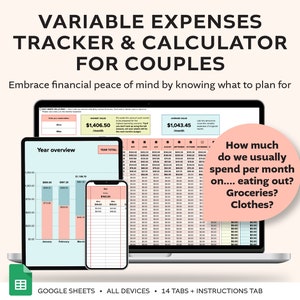 Puede incluir: Una plantilla de hoja de cálculo digital para parejas para realizar un seguimiento y calcular los gastos variables. La plantilla incluye una descripción general del año con un gráfico de barras, un rastreador de gastos mensuales y una sección para calcular los gastos mensuales promedio. La plantilla está diseñada para usar con Google Sheets y es accesible en todos los dispositivos. El texto en la imagen dice "VARIABLE EXPENSES TRACKER & CALCULATOR FOR COUPLES Embrace financial peace of mind by knowing what to plan for" y "GOOGLE SHEETS ALL DEVICES 14 TABS + INSTRUCTIONS TAB".