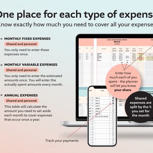 May include: A digital planner with a pink and white color scheme. The planner is designed to help users track their monthly fixed, variable, and annual expenses. The planner includes a section for shared and personal expenses. The text on the planner reads "One place for each type of expense. Know exactly how much you need to cover all your expenses."