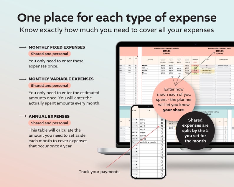 May include: A digital planner with a pink and white color scheme. The planner is designed to help users track their monthly fixed, variable, and annual expenses. The planner includes a section for shared and personal expenses. The text on the planner reads "One place for each type of expense. Know exactly how much you need to cover all your expenses."