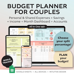 Maandelijkse budgetplanner voor KOPPELS in Google Spreadsheets. Plannen voor inkomsten, uitgaven en sparen. Spreadsheet persoonlijke financiën voor stellen.