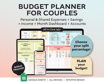 May include: A digital budget planner for couples, displayed on a laptop screen. The planner includes sections for personal and shared expenses, savings, income, a monthly dashboard, and accounts. The text "Choose your split percentage!" and "PLAN your budget!" is displayed in colorful boxes.
