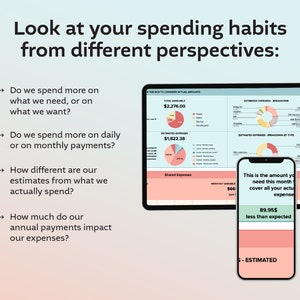 May include: A screen shot of a budgeting app showing a pie chart breakdown of estimated expenses and actual spending. The text on the screen says "The Box to Consider Actual Amounts" and "Estimated Expenses Breakdown". The app shows a total available amount of $2,276.00 and estimated expenses of $1,822.38. The app also shows a phone screen with the text "This is the amount you need this month to cover all your actual expenses" and "89.95$ less than expected".