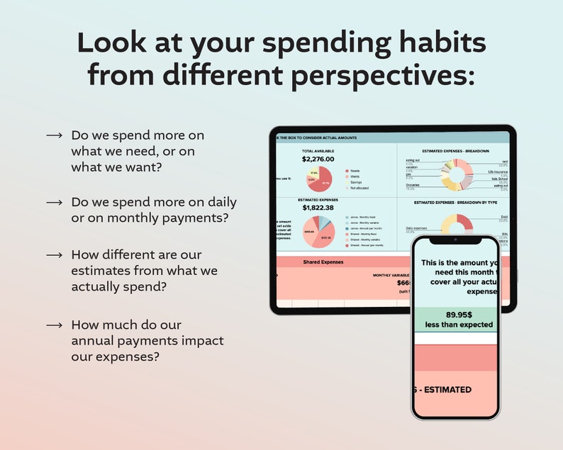 May include: A screen shot of a budgeting app showing a pie chart breakdown of estimated expenses and actual spending. The text on the screen says "The Box to Consider Actual Amounts" and "Estimated Expenses Breakdown". The app shows a total available amount of $2,276.00 and estimated expenses of $1,822.38. The app also shows a phone screen with the text "This is the amount you need this month to cover all your actual expenses" and "89.95$ less than expected".