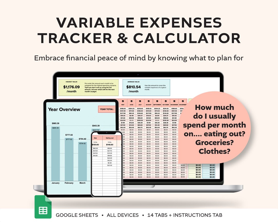 Variable Expenses Tracker: Monthly Budget Calculator (google Sheets ...