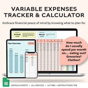 Op de afbeelding: Een digitale spreadsheet-sjabloon voor het bijhouden van variabele uitgaven. De sjabloon wordt weergegeven op een laptop, tablet en smartphone. De spreadsheet bevat een jaaroverzicht, maandelijkse uitsplitsingen en een sectie voor het berekenen van de gemiddelde maandelijkse uitgaven. De tekst op het scherm luidt "Variable Expenses Tracker & Calculator" en "Hoeveel geef ik meestal per maand uit aan... uit eten gaan? Boodschappen? Kleding?"