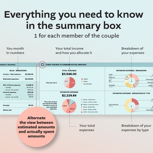 May include: A colorful infographic showing a breakdown of estimated expenses and income for a couple. The infographic includes pie charts and a table with categories such as needs, wants, and savings. The text "Check the box to consider actual amounts" is visible at the top of the infographic.