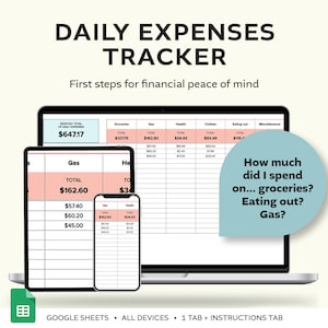 Könnte beinhalten: Eine digitale Tabellenkalkulation auf einem Laptop, Tablet und Smartphone, die einen täglichen Ausgaben-Tracker mit Kategorien für Lebensmittel, Benzin, Gesundheit, Kleidung, Essen gehen und Sonstiges zeigt. Der Text "Wie viel habe ich ausgegeben für... Lebensmittel? Essen gehen? Benzin?" befindet sich in einem hellblauen Kreis auf dem Laptop-Bildschirm.