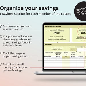 May include: A laptop screen displaying a budgeting and savings plan. The screen shows a table with headings "Savings plan", "How I Allocate My Savings in Order of Priority", "Planned Monthly Contributions", "On Track", "Updated Balance", "Goal", and "Status". The table lists savings goals such as "Emergency Fund", "Summer Vacation", and "Christmas Gifts". The screen also shows a section titled "What's Left After Paying All My Expenses?" with a balance of $785.37 and a section titled "What's Left After Planned Savings?" with a balance of $385.37.