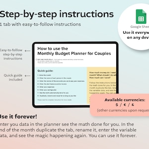 May include: A Google Sheets spreadsheet template for couples to track their monthly budget. The template includes a quick guide, instructions on how to use the planner, and a section for available currencies, including US dollars, Euros, and British pounds. The text on the screen reads "How to use the Monthly Budget Planner for Couples" and "Use it forever!"