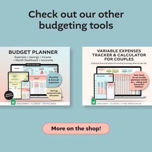 May include: Two digital budget planner templates for couples. The first template is a budget planner with a month dashboard, savings, income, and expenses. The second template is a variable expenses tracker and calculator for couples. Both templates are designed for Google Sheets and are available on all devices.