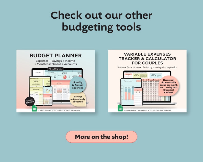 May include: Two digital budget planner templates for couples. The first template is a budget planner with a month dashboard, savings, income, and expenses. The second template is a variable expenses tracker and calculator for couples. Both templates are designed for Google Sheets and are available on all devices.