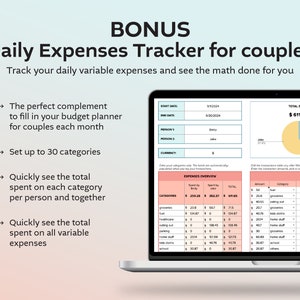 May include: A computer screen displaying a spreadsheet with a budget tracker for couples. The spreadsheet is titled "Daily Expenses Tracker for Couples" and includes categories for groceries, healthcare, eating out, parking, home stuff, kids clothes, school, and others. The spreadsheet also includes a pie chart showing the total amount spent by each person. The total spent is $611.65.
